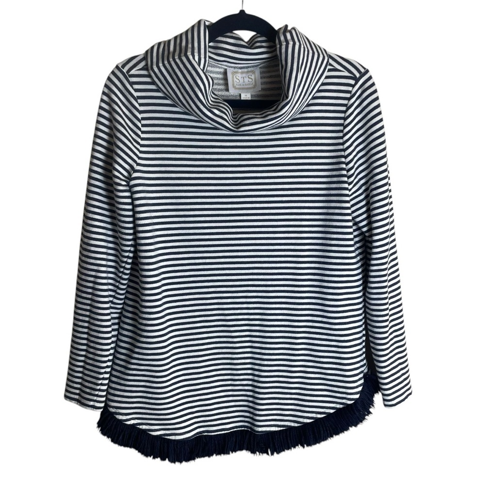Sail to Sable Funnel Neck Pullover Sweatshirt Navy White Striped Fringe Medium